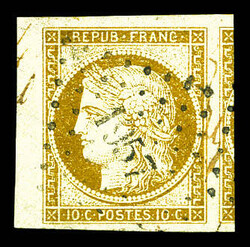 N°1, 10c bistre jaune, marges énormes avec voisins, exceptionnel. ...