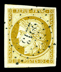 N°1, 10c bistre-jaune obl pc 2213, grandes marges avec deux voisins, ...