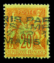 N°6a, 20c brique sur vert surchargé 4 lignes horizontalement du 12 ...