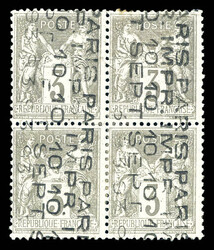 N°13, 3c gris surchargé 5 lignes en bloc de quatre, grande rareté ...