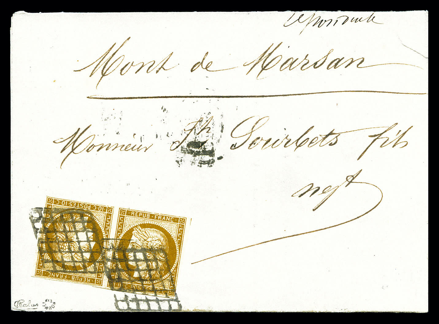 N°1a, 10c bistre-brun en paire TETE-BECHE oblitérée grille sur ...