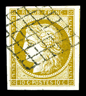 N°1b, 10c bistre-verdâtre obl. grille, 1 voisin, SUP. (certificat) ...