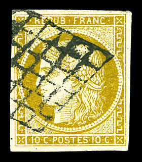 N°1b, 10c bistre-verdâtre obl grille. TB (signé Brun/Calves) ...