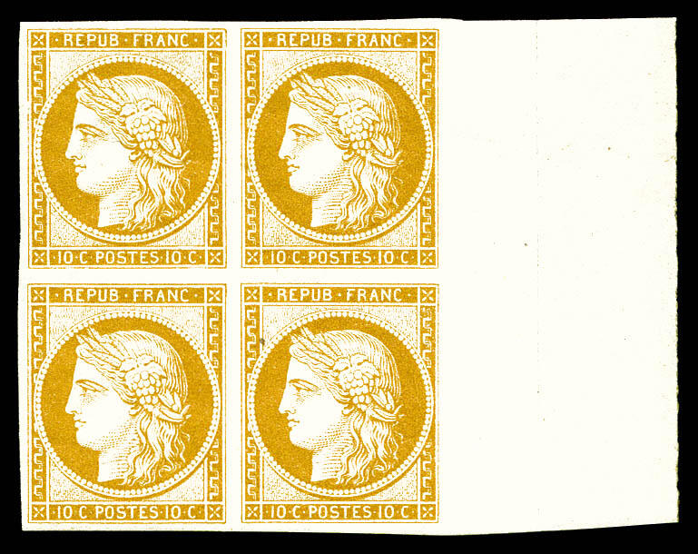 N°1f, 10c bistre, impression de 1862 en bloc de quatre bord de ...