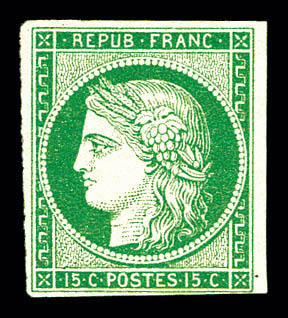 N°2, 15c vert, quatre belles marges, fraîcheur postale. SUP. R.R.R. ...