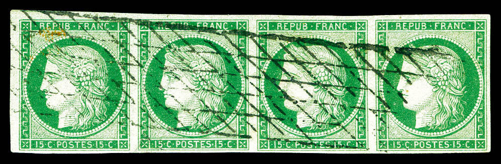 N°2, 15c vert en bande de 4 oblitération grille sans fin. SUPERBE. ...