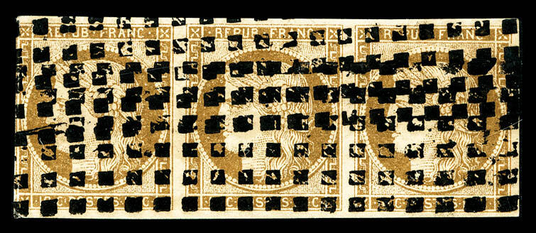 N°1, 10c bistre en bande de trois horizontale, oblitération gros ...