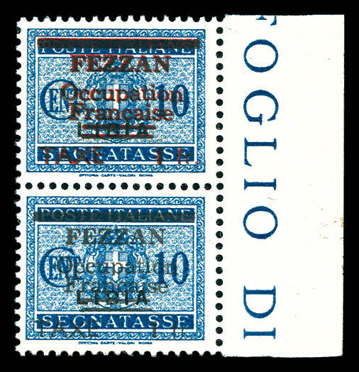 N°2b, 1f sur 10c bleu, double surcharge noire et rouge tenant à ...