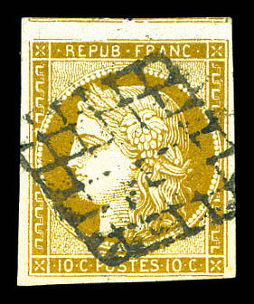 N°1, 10c bistre-jaune obl grille, un voisin. TTB (signé ...