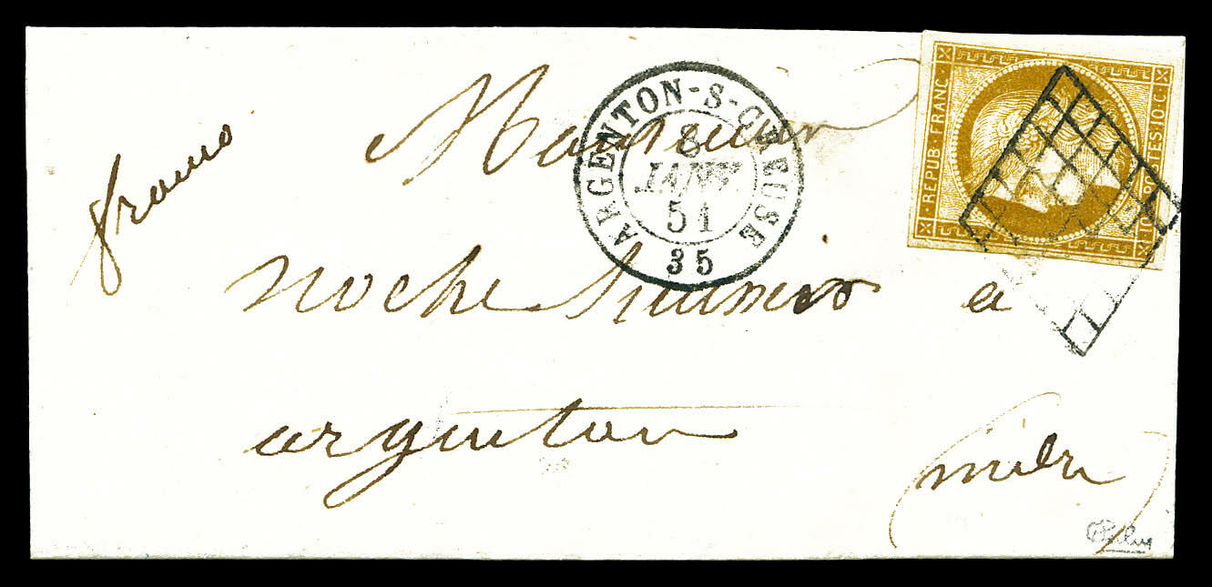 N°1, 10c bistre-jaune obl grille + càd T 15 ARGENTON-S-CREUSE 35 ...