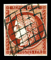 N°6A, 1F rouge-brun obl grille. TB (signé Scheller/certificat) ...