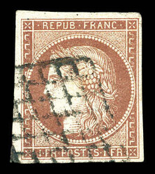 N°6A, 1Fr rouge-brun obl grille, légère froissure d'angle, très ...