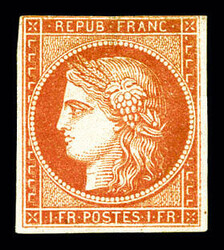 N°7, 1 Fr Vermillon, neuf avec gomme d'origine, marge supérieure au ...