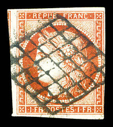 N°7, 1f vermillon obl grille léger pli horizontal, un voisin. Jolie ...