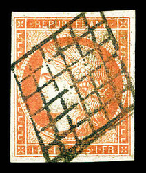 N°7, 1F vermillon oblitéré grille, restauré. R.R. (certificats) ...