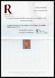 N°7, 1F vermillon oblitéré grille, restauré. R.R. (certificats) ...