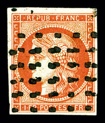 N°7a, 1F vermillon vif obliteré gros points, couleur et fraîcheur ...