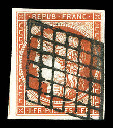 N°7a, 1F vermillon vif, obl grille posée, belles marges avec voisin ...