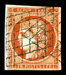 N°7a, 1F vermillon-vif, oblitération grille, nuance rare, très ...