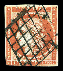 N°7a, 1F vermillon-vif , filet effleuré dans l'angle gauche sinon ...