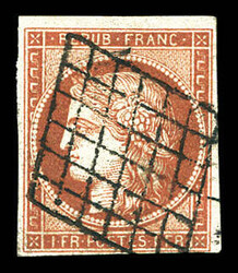 N°7c, 1F vermillon foncé, oblitération grille légère, très ...