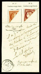N°7, CERES 1849, Moitiés diagonales collés 1fr. carmin + 1fr. ...