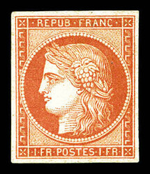 N°7A, 1 fr vermillon pâle dit 'vervelle' nuance vive, sans aminci ...