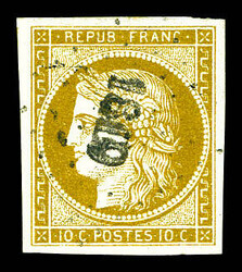 N°1a, 10c bistre brun obl pc. TTB (signé Calves/certificat) ...