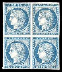 N°8, Non émis, 20c bleu sur jaunâtre en bloc de quatre, toujours ...