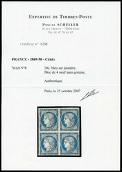 N°8, Non émis, 20c bleu sur jaunâtre en bloc de quatre, toujours ...
