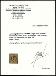 N°1a, 10c bistre brun obl pc. TTB (signé Calves/certificat) ...