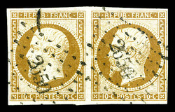 N°9, 10c bistre en paire horizontale obl pc 2650, TTB (certificat) ...