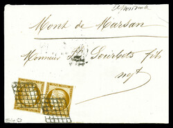 N°1a, 10c bistre-brun en paire TETE-BECHE oblitérée grille sur ...