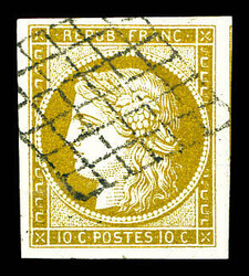 N°1b, 10c bistre-verdâtre obl. grille, 1 voisin, SUP. (certificat) ...