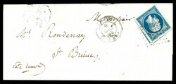 N°10, 25c bleu, grandes marges avec voisins obl pc 2221 sur lettre ...