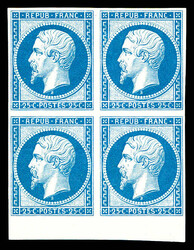N°10c, 25c bleu, impression de 1862 en bloc de quatre (2ex*), bord ...