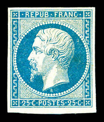 N°10d, 25c bleu sur crème, quatre belles marges, fraîcheur postale ...