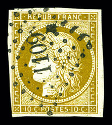 N°1c, 10c bistre-verdâtre foncé obl pc 1109, jolie couleur. TTB ...