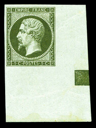 N°11e, 1c vert-olive foncé, grand coin de feuille avec carré de ...