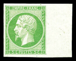 N°12, 5c vert-jaune, grandes marges avec bord de feuille latéral, ...