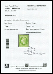 N°12, 5c vert, très frais. SUP (signé Brun/certificats) Qualité: ...