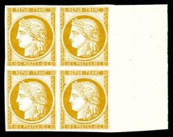 N°1f, 10c bistre, impression de 1862 en bloc de quatre bord de ...
