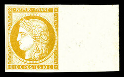 N°1f, 10c bistre, impression de 1862, grand bord de feuille latéral ...