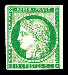 N°2, 15c vert, quatre belles marges, fraîcheur postale. SUP. R.R.R. ...