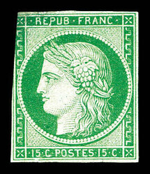 N°2, 15c vert, des défauts. R.. (signé Brun/certificats) Qualité: ...