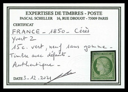 N°2, 15c vert, des défauts. R.. (signé Brun/certificats) Qualité: ...