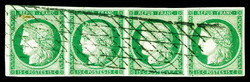 N°2, 15c vert en bande de 4 oblitération grille sans fin. SUPERBE. ...