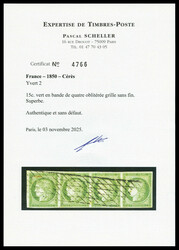 N°2, 15c vert en bande de 4 oblitération grille sans fin. SUPERBE. ...