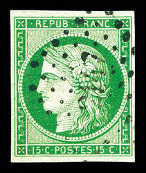 N°2, 15c vert obl PC 2147 centrale. SUPERBE. R.R.R (certificats) ...