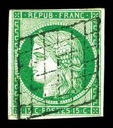 N°2, 15c vert oblitération grille légère, TB (signé ...